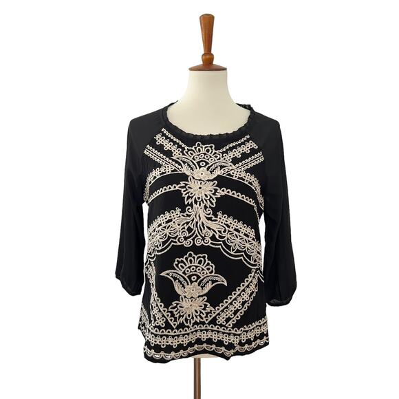 Anthropologie Skies Are Blue Womens Floral Embroidered Black Top M Medium - Picture 1 of 7